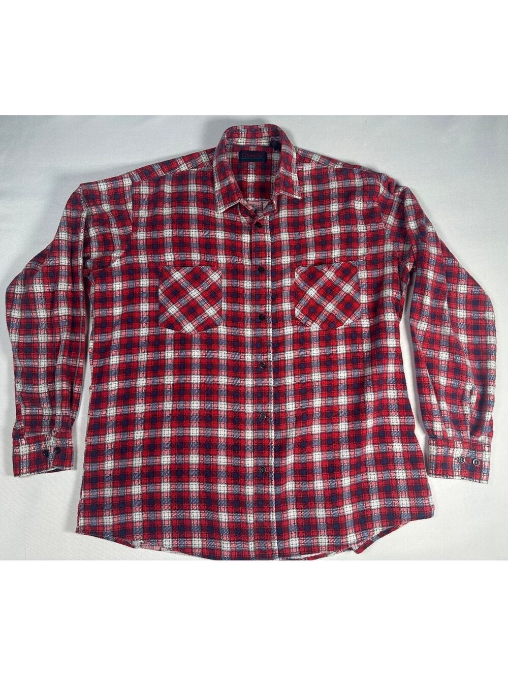 Vintage Chandler Men's Red and Blue Plaid 100% Cotton Flannel Shirt Large